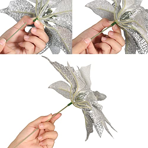 12Pcs Poinsettia Flowers Glitter Christmas Ornaments