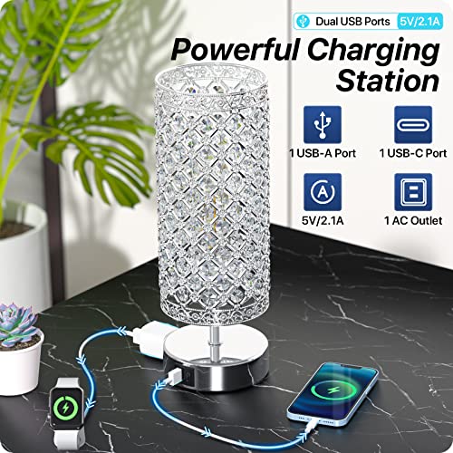 Touch Control Crystal Table Lamp w/ USB A+C Charging Ports & AC Outlet of 2(LED Light Bulb Included)