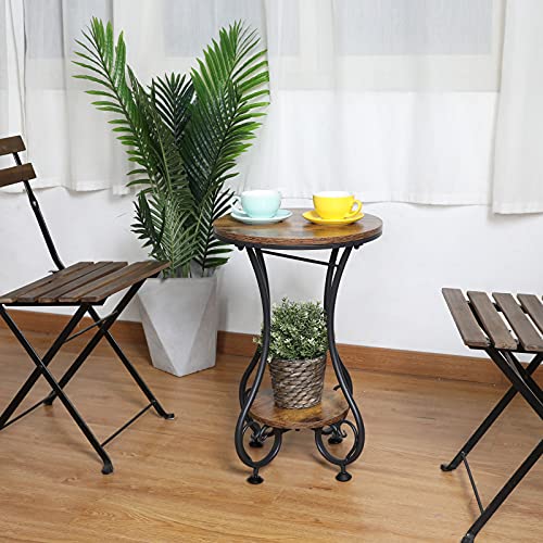 Round Side Table for Small Spaces, Rustic Brown & Black