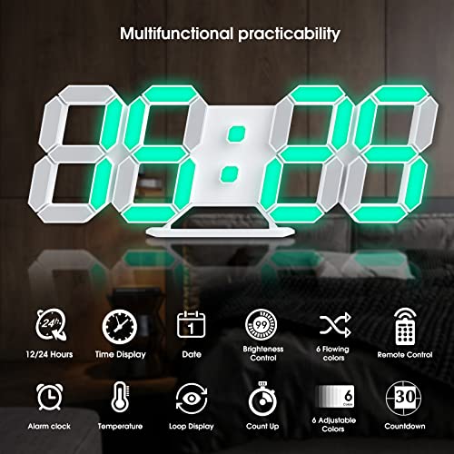 7 Colors LED 3D Digital Alarm Clock w/ Remote, 9.7"