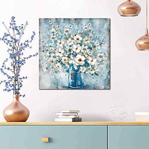 White Flower in Blue Bottle  Wall Art Canvass