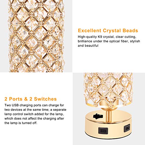 Crystal Gold Table Lamp Set of 2 w/ USB Charging Ports