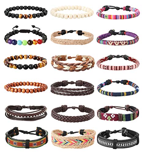 18Pcs Leather Chakra Bead Tribal Bracelet for Men/Women