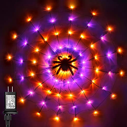 3.9FT Diameter 80 LED Halloween Spider Web Lights w/ Black Spider