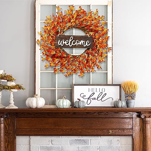 20’’ Autumn Front Door Harvest Wreath w/ Forsythia Flowers Orange Berries Welcome Sign for Thanksgiving Fall Decor