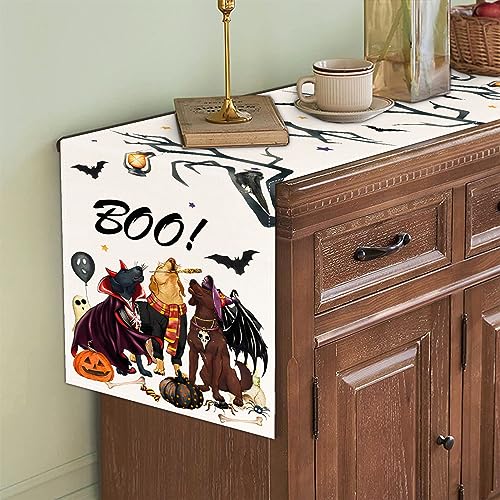 Pumpkins Cat Halloween Table Runner Trick Or Treat Kitchen Dining Table Decoration for Outdoor