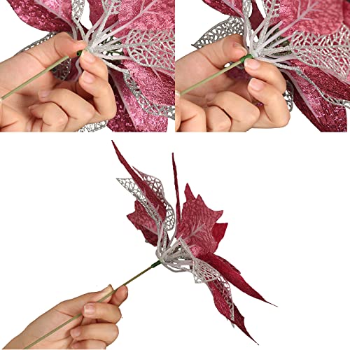 12Pcs Poinsettia Flowers Glitter Christmas Ornaments