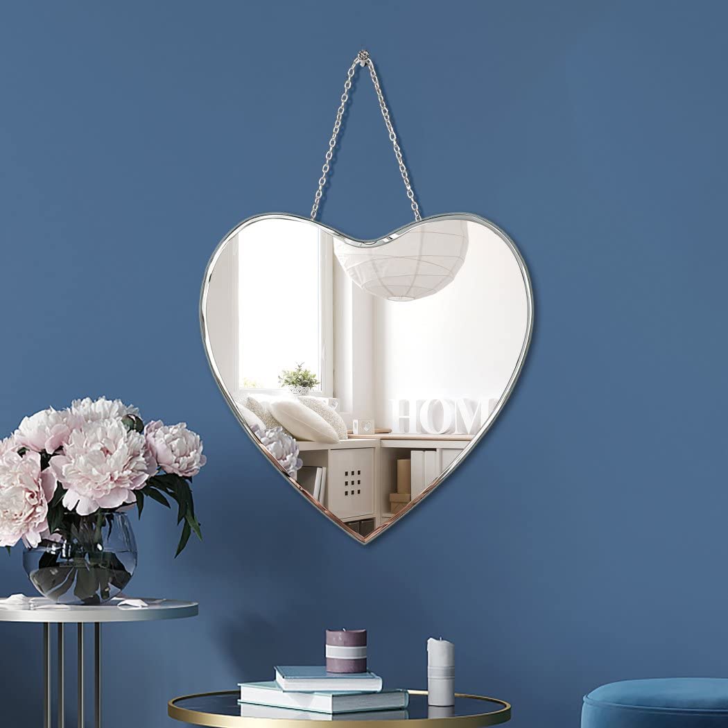 Heart Shaped Mirror with Iron Chain for Wall Decor 12x12 inch Real Glass Frameless