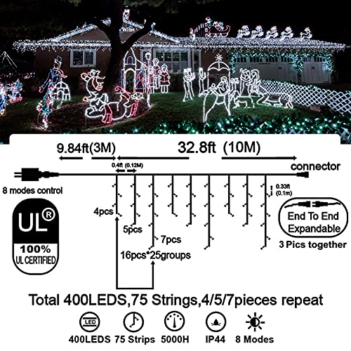 400 LED 32.8 FT 8 Modes 75 Drops Fairy String Curtain Lights for Christmas Decor