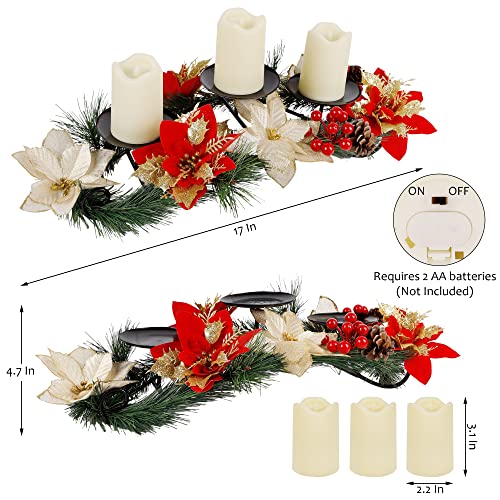 Christmas Poinsettia Candle Holder w/ 3 Candle Lights