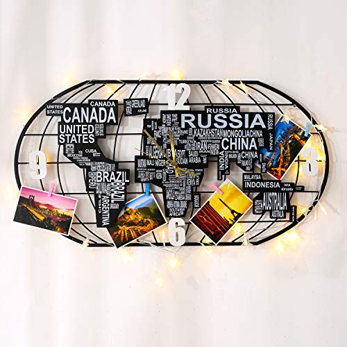 Large Metal Wall Clock w/ MDF World Map Decoration, Silent Movement w/ DIY LED Light Strip & Postcard