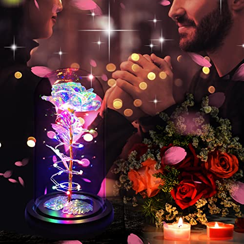 Rotating Romantic Roses Light Up Rose in Glass Dome, Spinning Colorful Artificial Rose Flower Gifts for Her