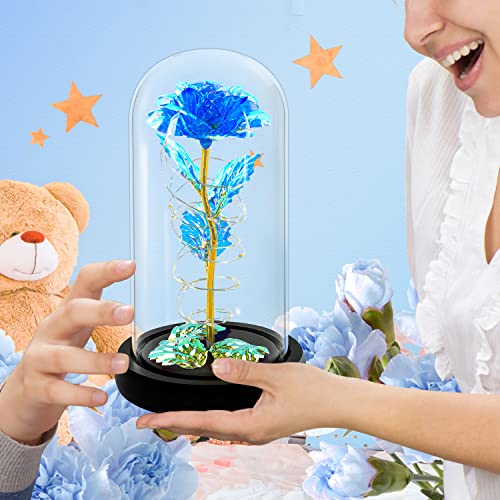 Rotating Romantic Roses Light Up Rose in Glass Dome, Spinning Colorful Artificial Rose Flower Gifts for Her