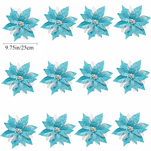 12Pcs Poinsettia Flowers Glitter Christmas Ornaments