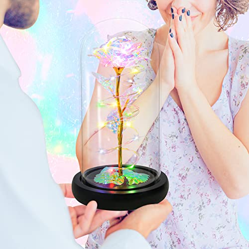 Rotating Romantic Roses Light Up Rose in Glass Dome, Spinning Colorful Artificial Rose Flower Gifts for Her