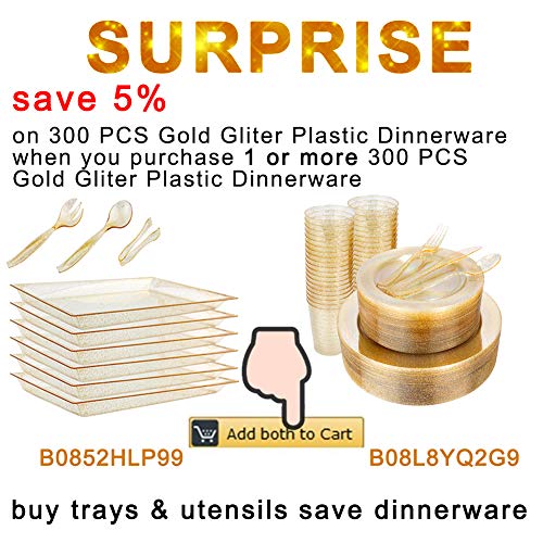 24 Pack Plastic Gold Glitter Serving Tray w/ Disposable Utensils