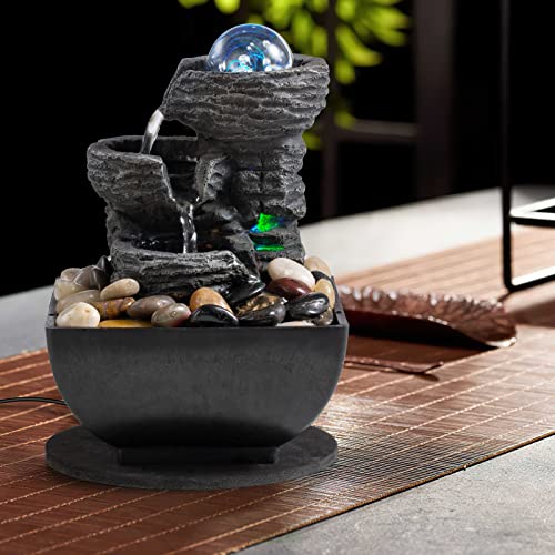 Waterfall Meditation Fountain w/ Many Natural River Rock LED Lights & Rolling Decorative Bubble Balls