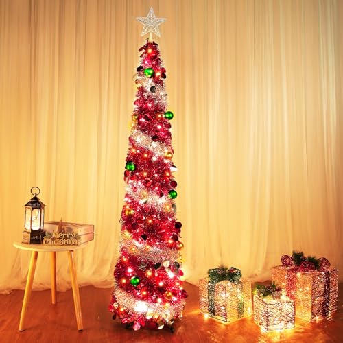 Dual Color Change Lights & Timer - 5 Ft Tinsel Christmas Tree Ball Ornaments Star Pop up Christmas Tree Battery
