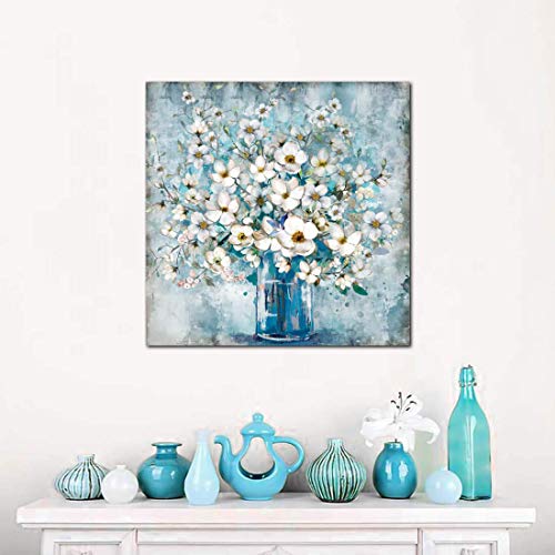 White Flower in Blue Bottle  Wall Art Canvass