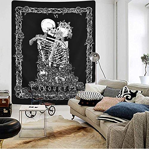 Skull Tapestry Meditation Skeleton , Chakra, Starry Black and White Stars