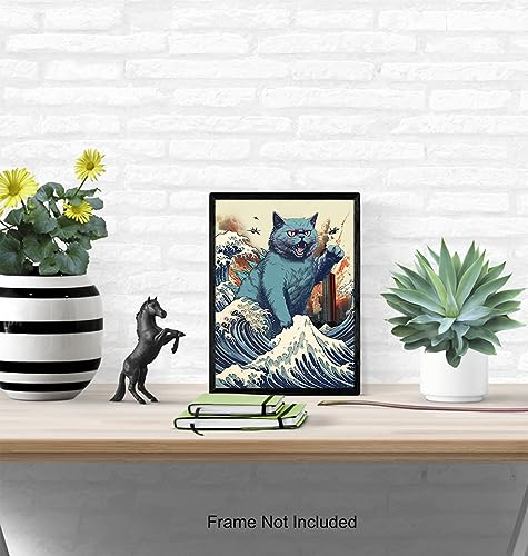 Vintage Funny Cat Wall  Catzilla Japanese  The Great Wave off Kanagawa  Cute Cat Stuff  Cat Wall