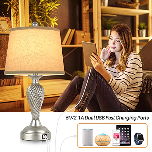 Touch Control 3-Way Dimmable Table Lamps Silver w/ USB, LED Bulbs Included