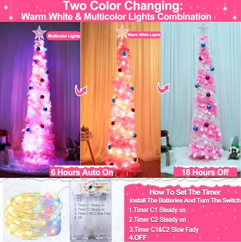 Dual Color Change Lights & Timer - 5 Ft Tinsel Christmas Tree Ball Ornaments Star Pop up Christmas Tree Battery