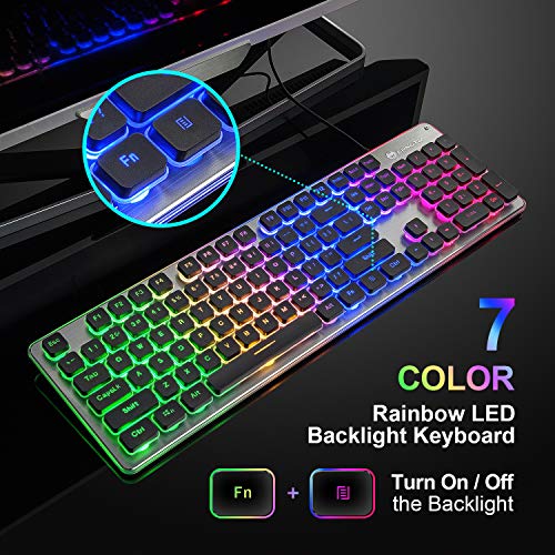 Quite Gaming Keyboard, Colorful LED Backlit USB Wired 25 Keys Anti-ghosting Computer Keyboard 104 Keys