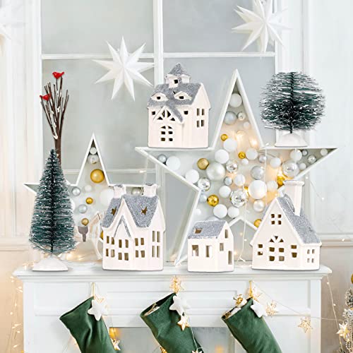 4 Pcs Ceramic Christmas Village Houses w/ 8 Pcs Christmas Trees