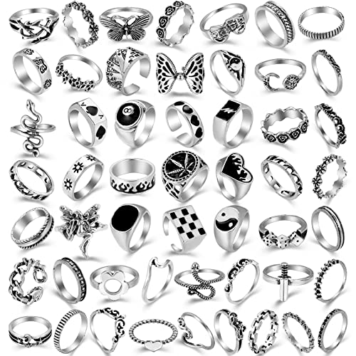 Cool Silver Vintage Gothic Punk Rings Set for Men Girls Women