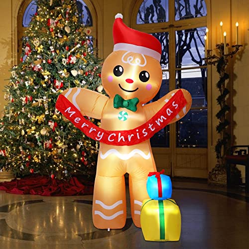 Christmas Inflatables Gingerbread Man with Gift Boxes, LED Inflatable Decoration for Outdoor Indoor Holiday