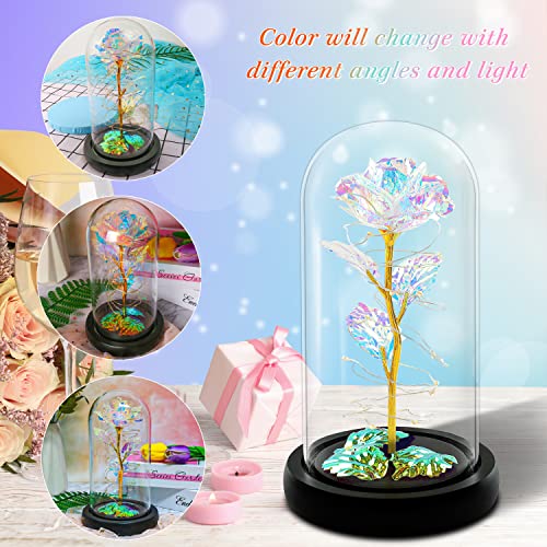 Rotating Romantic Roses Light Up Rose in Glass Dome, Spinning Colorful Artificial Rose Flower Gifts for Her