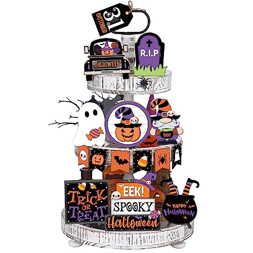 15 Pcs Halloween Tiered Tray  Set Cute  Wooden Signs Farmhouse Rustic