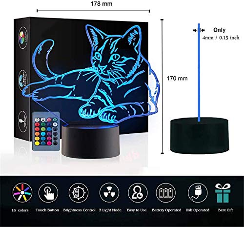 Cat 3D Illusion Beside Table Lamp,16 Colors Changing Touch Switch w/ Remote Control