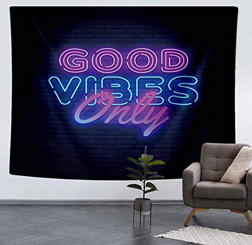 Neon Good Vibes Only Words in Neon Tapestry Wall Decoration Black Blue 60x50inch