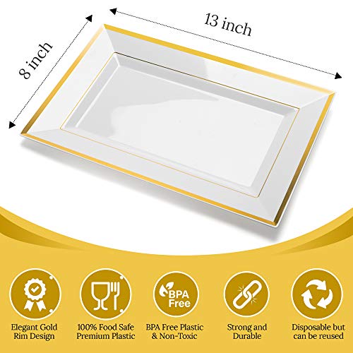 Elegant Plastic Serving Tray & Platter Set (6pk) - White & Gold Rim- 8x13 inches