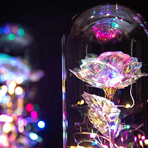 Galaxy Rose Flowers Forever Enchanted with Colorful LED Light in Glass Dome for Romantic Gifts