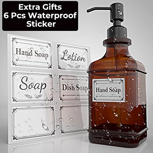 2 Pack Dispensers w/18 Oz Antique Design Thick Amber Glass Bottle,Rust Proof Stainless Pump w/ 6 Stickers