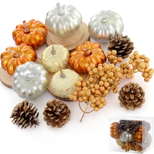 Pumpkin Decor Set, 23 PCS Fall Harvest Decorations Including Mini Pumpkins, Acorns, Pinecones, Berries, Maple Leaves