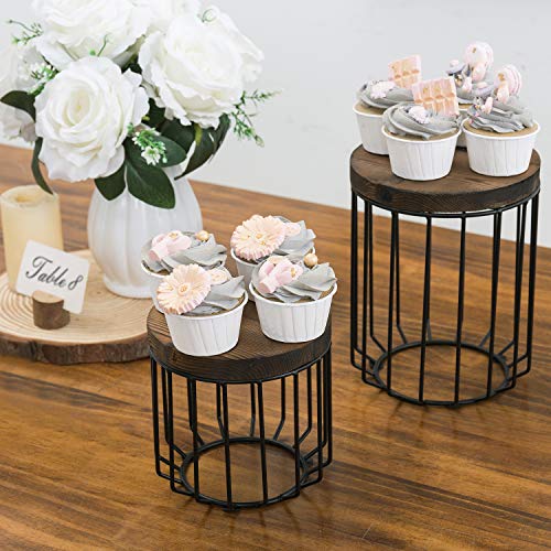 Rustic Brown Burnt Wood & Metal Wire Round Display Riser Stands Set of 2