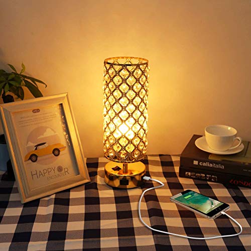 Crystal Gold Table Lamp Set of 2 w/ USB Charging Ports