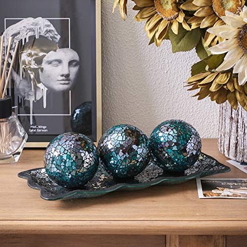 12.4” Mosaic Glass Decorative Tray Dish Plate w/ 3pcs 3" Decorative Orbs