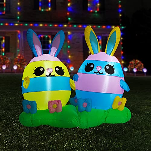 4ft Multi Colored Inflatable 2 Easter Bunny Pastel Rabbit Eggs w/ Flower Field Built-in LEDs