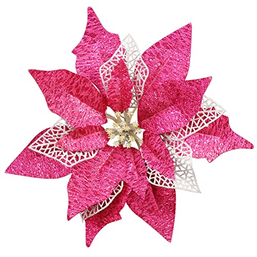 12Pcs Poinsettia Flowers Glitter Christmas Ornaments