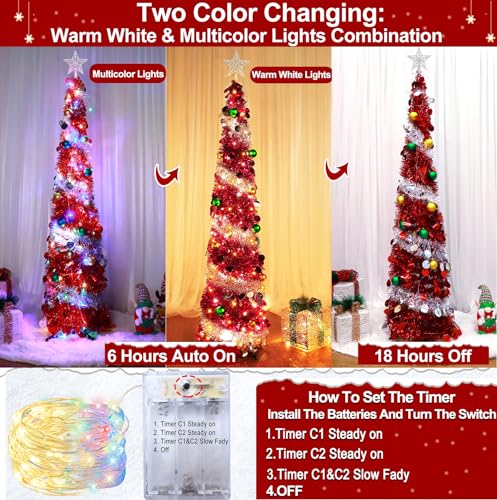 Dual Color Change Lights & Timer - 5 Ft Tinsel Christmas Tree Ball Ornaments Star Pop up Christmas Tree Battery