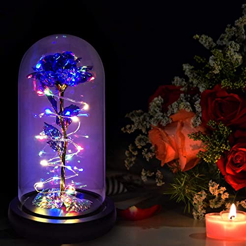 Rotating Romantic Roses Light Up Rose in Glass Dome, Spinning Colorful Artificial Rose Flower Gifts for Her