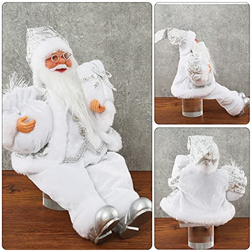 Christmas Sitting Santa Hand Crafted White Silver Coat Santa Claus Figurine