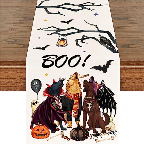 Pumpkins Cat Halloween Table Runner Trick Or Treat Kitchen Dining Table Decoration for Outdoor