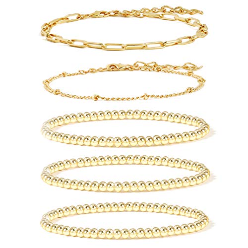 14K Gold Plated Beaded Bracelets for Women -Stretchable & Adjustable