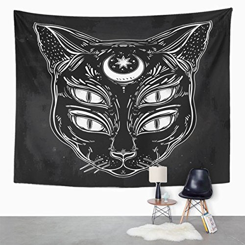 Tapestry Black Cat Head Portrait Moon and Four Eyes Eyed Home